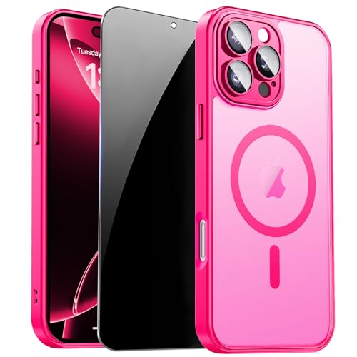 ZOZDOKG for iPhone 16 Pro Case with Privacy Screen Protector and Camera Protection Compatible with MagSafe Magnetic Matte Shockproof Phone Cover for iPhone 16 Pro Women/Girls Hot Pink