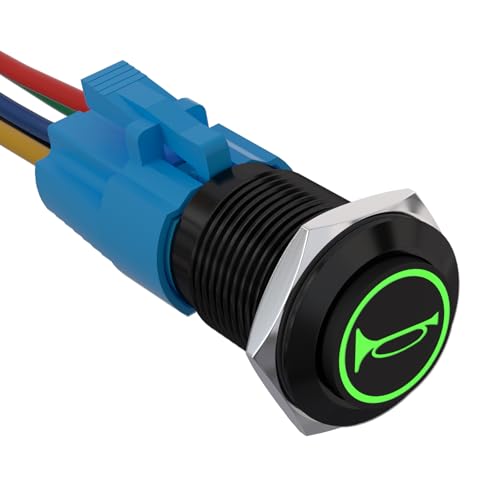 APIELE 16MM Momentan Hupentaste Druckschalter 12V, mit LED wasserdicht Momentary Drucktastenschalter mit vorverdrahtetem Stecker16mm Horn Switch (schwarze Schale/Grün LED)