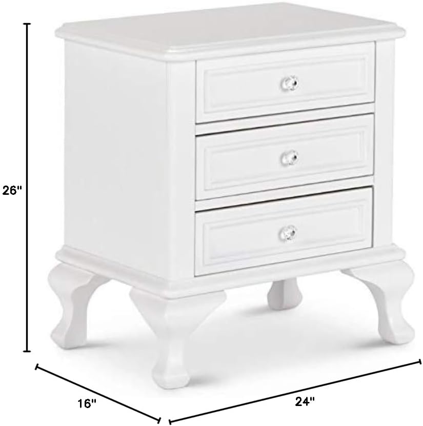 BOWERY HILL Nightstand, 26" H x 24" W x 16" D, Solid Pine and Hardwood Veneers, White Finish, 3 Drawers with Felt-Lined Top Drawer, Crystal Knobs, Transitional Style Bedroom Storage Furniture
