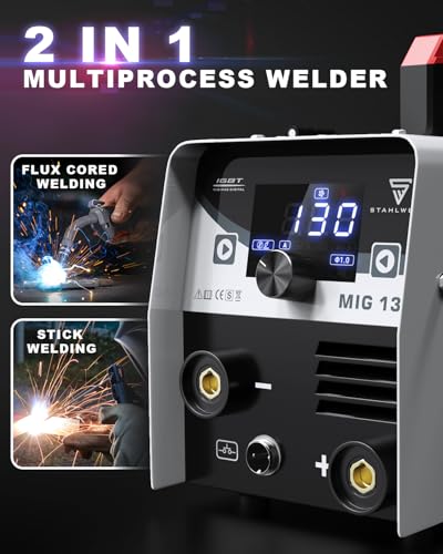 STAHLWERK MIG Welder 130Amp- 110V/220V Flux Core Welding Machine, MIG/ARC Dual Mode, Portable Inverter Welder with IGBT Technology, Ideal for Home & DIY Projects