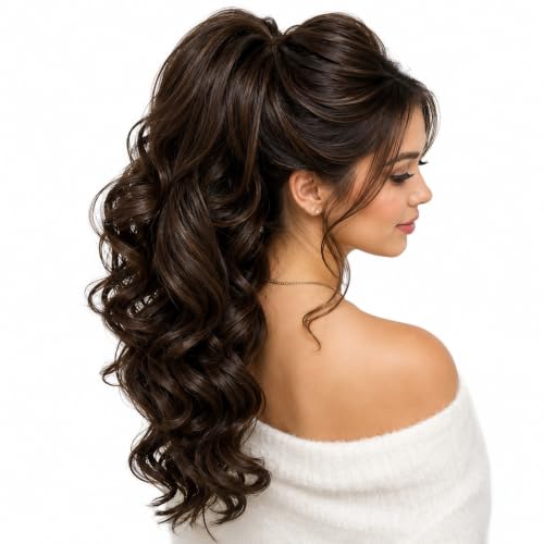 Image of Women Ponytail Hair Extension 20 Inch Step Cutting Curly Brown Highlight Hair Pieces for Women Party /Halloween /Christmas