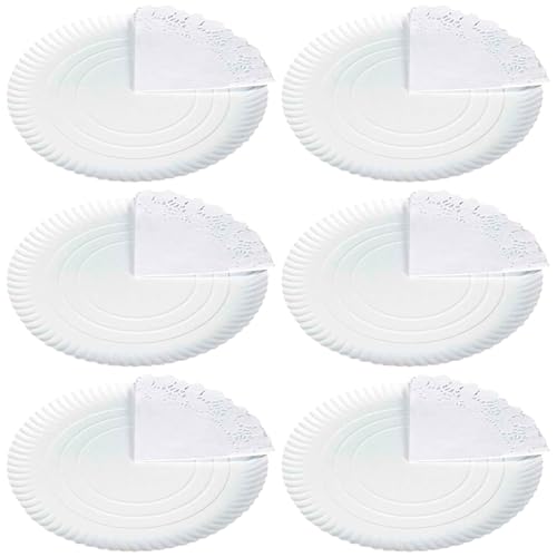 Tradineur - Pack de 6 bandejas y blondas redondas - Fabricación de cartón que incluyen blondas caladas 100% reciclables - Apto para uso alimentario - Ø 30 cm - Color Blanco
