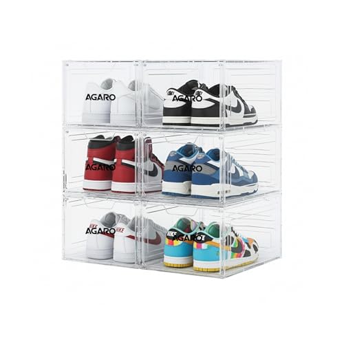 Image of AGARO Stackable Shoe Storage Box Organizer | Heavy Duty, Transparent, Plastic Sneaker Crates Container with Magnetic Door |Space Saving|Organizer for Men & Women| Fits up to Size UK 12 | Pack of 6