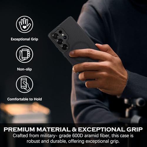 Image of BENTOBEN Carbon Fiber Back Cover Case for Samsung Galaxy S25 Ultra, Compatible with Mag-Safe, Slim Flexible Shockproof Anti-Scratch Anti-Slip Bumper Protection, TPU+Polycarbonate, Black