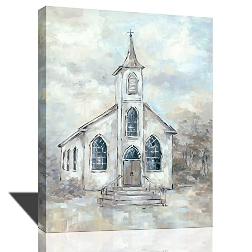 Christian Wall Art Country Church Canvas Decor Retro Rustic Church Painting Vintage Farmhouse Artwork Christian Pictures For Wall Religion Faith Framed Wall Decor For Living Room Bedroom 12"X16" #TOP9