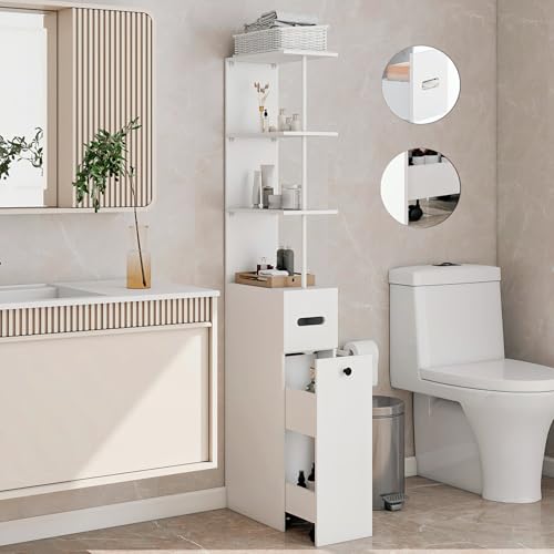 YU YUSING Meuble Colonne Salle de Bain Étroite 23cm avec 2 Tiroirs et roulettes, Étagère de Rangement, Armoire Haute sur Pied, 3 Compartiments Ouverts,...