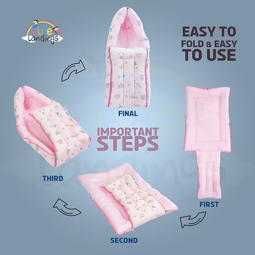 Image of 3 in 1 Muslin Cotton Sleeping Bag for Newborn Baby|Carry Nest|Lightweight|Skin Friendly|Convertible|Hypoallergenic|Portable Bassinet |Essential (Aslo use as Gaddi Set, 0-6 Months, Pink)