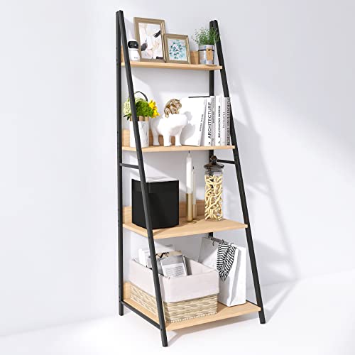 Ladder Shelf, 4-Tier Bookshelf, Wood Bookcase with Steel Frame, Flower Standing Shelf Units Storage Rack for Home Office Living Room Bathroom Vintage, Burlywood