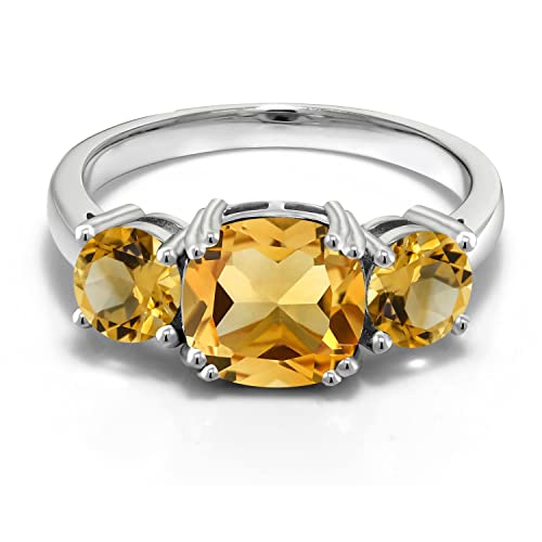 Gem Stone King 925 Sterling Silver Yellow Citrine 3 Stone Engagement Ring For Women (3.90 Cttw, Gemstone November Birthstone, Cushion 8MM, Available in Size 5,6,7,8,9)