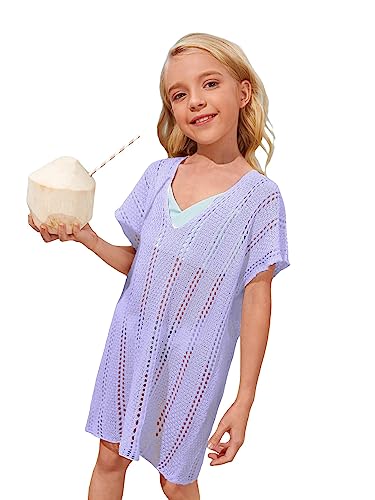 Milumia Girl's Crochet Coverup Cut Out V Neck Short Sleeve Sheer Swimsuit Cover Ups