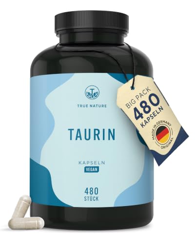 Taurin Kapseln - 2000mg Taurine Tagesdosis hochdosiert - 360 Kapseln: Big Pack - 6 Monatsvorrat - Pre Workout Booster ohne Koffein - Vegan ohne künstliche Zusätze - Deutsche Produktion - TRUE NATURE