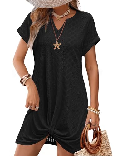 RUMIA Swimsuit Cover Up Eyelet Short Sleeve Summer Dresses for Women Twisted Beach Vacation Clothes Black L