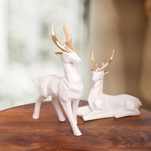 Image of Geometric Resin Deer Sculpture Set of 2, White with Gold Antlers, Resin, 12.3 x 6.5 cm, Home Decor Figurines | Standing & Sitting Deer Pair | Creative Showpiece for Gift | Handcrafted
