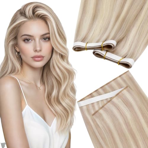 Image of LaaVoo Tape in Weft Extensions Blonde Weft Tape Hair Extensions Human Hair Genius Tape in Human Hair Extension Ash Blonde Highlight Bleach Blonde 18inch 50G