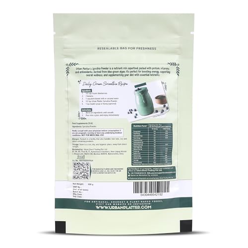 Image of Urban Platter Pure Spirulina Powder, 100g (Naturally Nutrient-Dense | Supports Energy, Immunity & Detox | Rich in Protein & Iron)