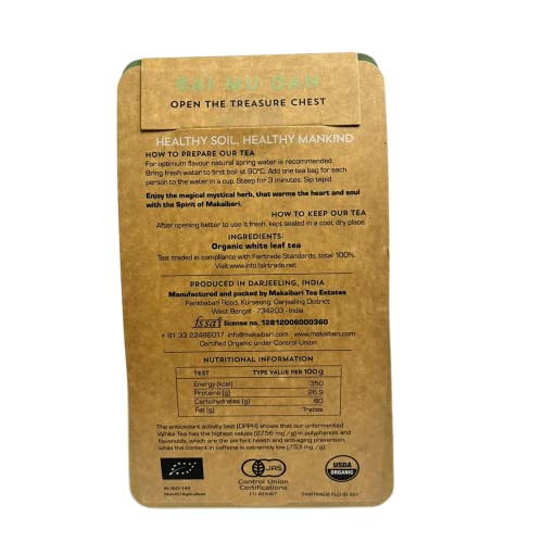 Image of Makaibari Bai Mu Dan White Peony Tea 25 Tea Bags (50g) Pack | Pure USDA Organic Darjeeling White Tea from Himalayas, Delightfully Rich Flavor & Aroma, Lower Caffeine Alternative to Coffee| 25 Cups