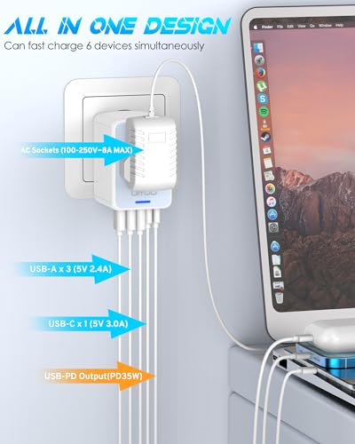 Image of Universal Travel Adapter, 35W PD Fast Charging & 2 USB C 3 USB A & 2500W AC Outlet, International Power Adapter for Europe UK US AU 200+ Countries, Compatible with iPhone 16 15, MacBook, Laptop