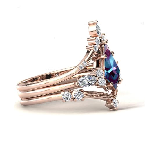 Alexandrite Engagement Ring Set Art Deco Leaf Wedding Ring Set Sterling silver 2CT Alexandrite Bridal Promise Ring Set For Women（Size 4-16）3