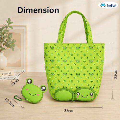 Image of FunBlast Foldable Shopping Bag - Cartoon Design Carry Bag with Zipper Pouch, Foldable Tote Bag for Girls & Women, Multipurpose Reusable Pouch Bags, Lightweight Travel Handbag with Handle Strap (Frog)