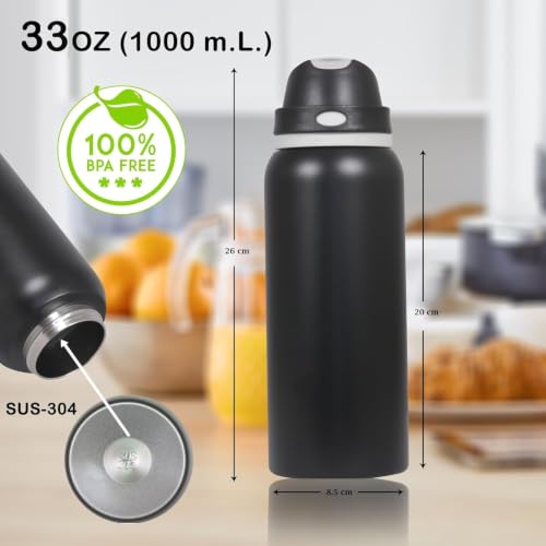 Image of Stainless Steel Water Bottle 32 oz with Flip Lid and Carry Loop (black matte, 1000 ml)