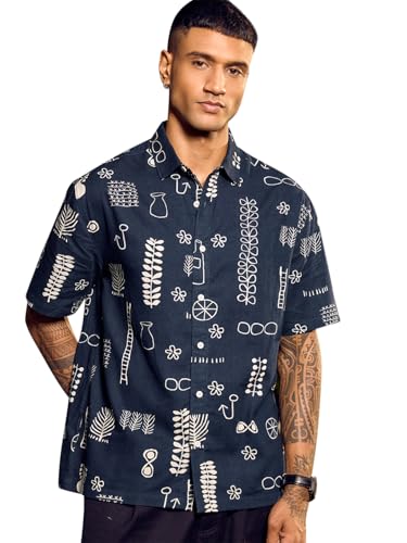 Image of Bewakoof Men's All Over Printed Oversized Fit Half Sleeve Collar Pure Cotton Shirt