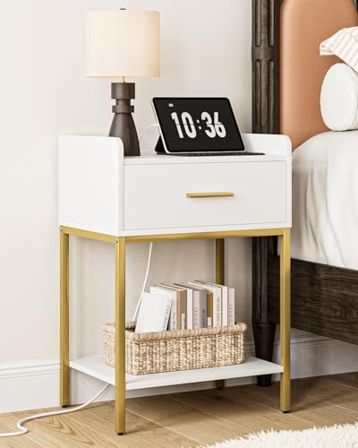 AEPOALUA Nightstand with Charging Station Modern Bedside Table with Drawer and Legs White and Gold Night Stand with Open Shelf Narrow Side Table for Bedroom Living Room