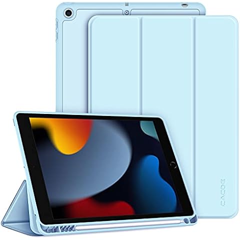 CACOE Case Compatible with iPad 9th Generation 2021/8th Generation 2020/7th Generation 2019, 10.2 Inch Case with Pencil Holder, Soft TPU Back Cover Auto Wake/Sleep, Light Blue Cover
