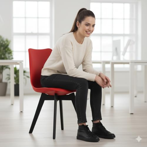 Image of Modern Bar Stool Chair with Black Legs, Red Seat, Contemporary Design, Curved Back Support