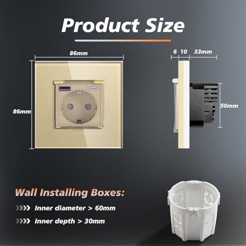 BSEED Unterputz Steckdose mit 20W USB und Typ C Port, Glas Wandsteckdose mit Wasserdicht Abdeckung Ideal f&uuml;r Feuchtr&auml;ume Outdoor und Indoor Verwendung, 86mm 1 Fach Gold