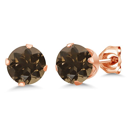 Gem Stone King Brown Smoky Quartz Rose Gold Plated Silver Stud Earrings 1.60 Cttw Round 6MM