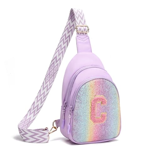 I IHAYNER Small Initial Sling Bag for Girls Fashion Waist Pack for Women Cute Crossbody Fanny Pack Personalized Girl gifts (Purple-C）