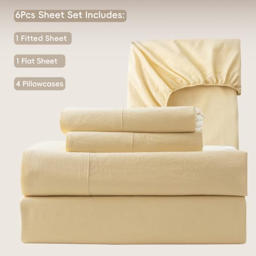 Image of MooMee Sheet Set 100% Washed Cotton Linen-Like Extra Deep Pocket King | Relaxed Linen-like Texture. Soft, Breathable & Lightweight Comfort. 15-19 inch Extra Deep Pocket with All-around Elastic