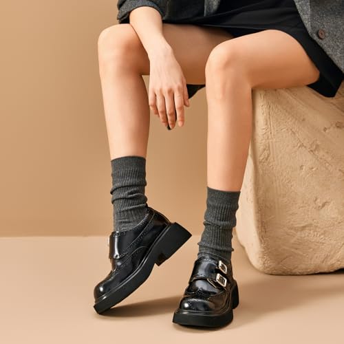 Image of BEAU TODAY Womens Leather Loafers, Monk Strap Womens Loafers, Business Casual Office Shoes, Brogue Wingtip Slip-on Dress Shoes