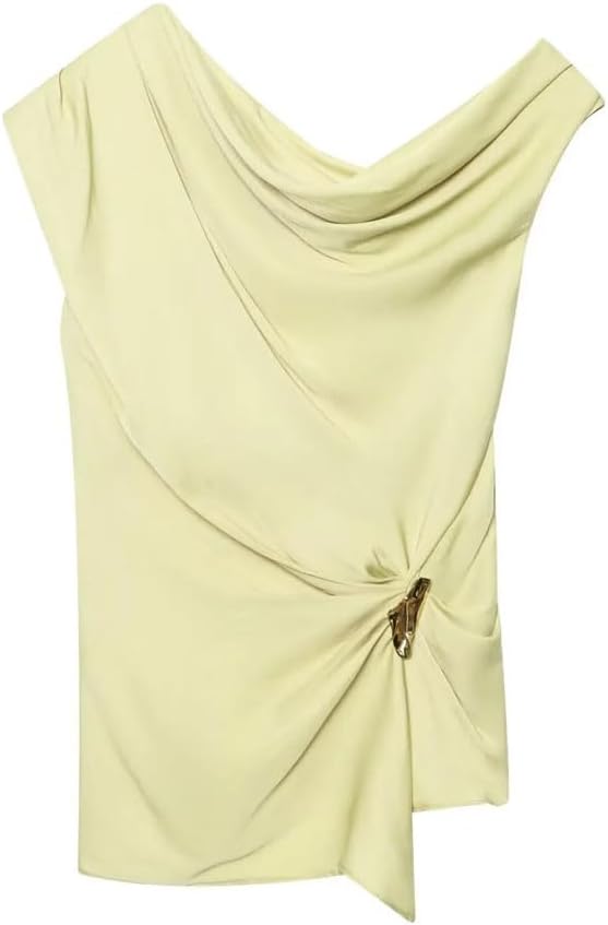 Women's Satin Textured Asymmetric Top with Slanting Collar and Ring Buckle