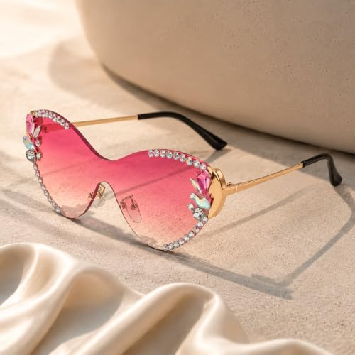 Image of Rhinestone Cat Eye Sunglasses for Women, Rimless Pink-UV Protected-Pack of 1