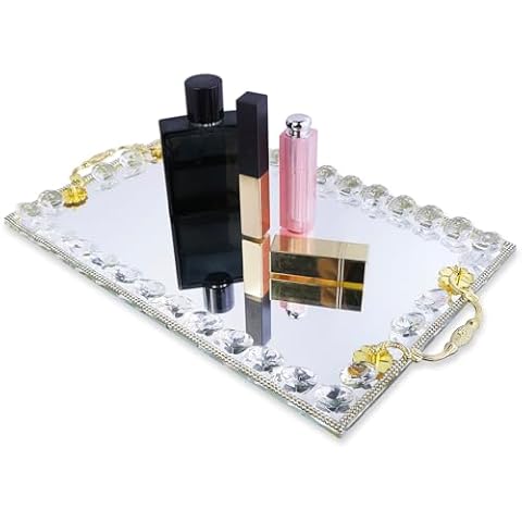 Mirror Perfume Tray, Rectangle Diamond Glass Tray, Modern Premium Feeling Jewelry Organizer, Suitable for Bathroom Counter, Dresser, Kitchen Counter Cover