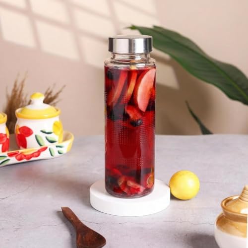 Image of CROCO JAR Wide Mouth Glass Water Bottle with Leak-Proof Airtight Double Layer Stainless Steel Lid for Water, Smoothie, Juices (500ML STEEL PK2)
