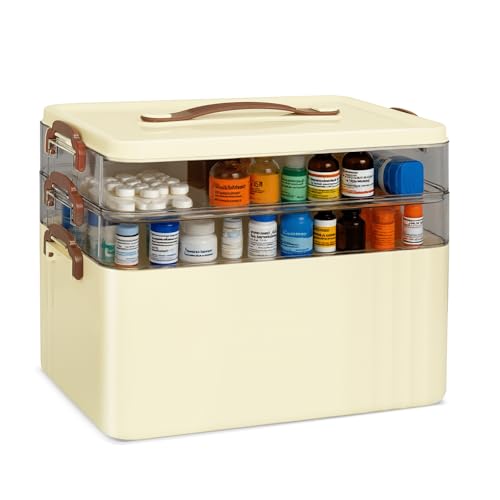 Förvaring av läkemedel, 3 våningar medicin låda med bärbart handtag, medicinarrangör, multifunción förvaringsbehållare för medicin, prylar, smycken läkemedel sytillbehör (krämfärgad)