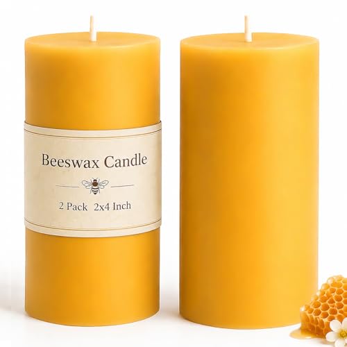 MOSROAD Beeswax Candles Pillar 2x4 Inch, 2 Packs, Non Toxic Bees Wax Candle for Home Decor, Natural Pure Pillar for Relax, Prayer, Air Purification, Emergency