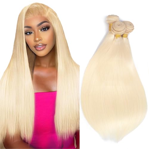 AuokMar Blonde Human Hair Bundles 613 Straight 3 Bundles 150g 10A Virgin Remy Hair Extensions 613 Human Hair Bundles 24 26 28 Inch