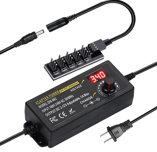 Delinx Upgrade 60W PC Fan Power Supply, 3-pin 4-Pin Computer Cooler Fans Speed Controller, 12V 5A 1 to 5 Way Splitter Fan Hub Power Supply Cable,100-240vAC to 3-12vDC Adjustable Fan Power Adapter