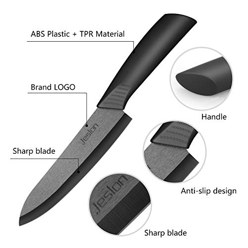 Foto von Jeslon Keramikmesser Set, Sets of 3 Kochmesser mit Klingenschutz und 1 Sparschäler Allzweckmesser und Messerschärfer, Keramik Küchenmesser zum Schneiden Obst Gemüse Fleisch