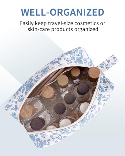 Image of Narwey Cute Makeup Bag Small Toiletry Bag Travel Cosmetic Bag Organizer Make Up Bags with Organized Pockets for Women (Blue Flower, Large)