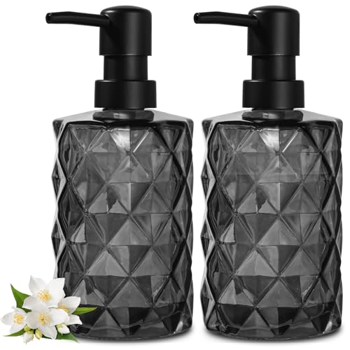 Gmisun Dispensador de sabão, 330 ml, dispensador de sabão de vidro, 2 unidades de dispensador de detergente preto com impressão de diamantes, dispensador moderno de bomba de vidro para casa de banho