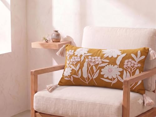 Image of Furnistitchs Boho Rectangle Cushion Cover 12x20 inches | Handmade Decorative Throw Pillow Case | Bohemian Home Decor Sofa Bed Cushion Cover Living Room Bedroom (1, Yellow Floret, 12x20 inches)
