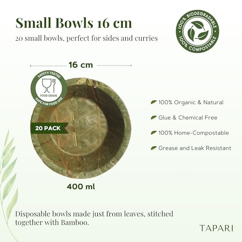 TAPARI Sturdy Eco-Friendly Disposable Leaf Bowls Ø 15cm - 100% Compostable and Biodegradable - Pack of 20