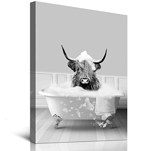 Funny Bathroom Decor Wall Art Highland Cow Take Bath In Bathtub Canvas Prints Pictures Posters Modern Framed Artwork For Bathroom Home Walls Decoration Gifts Ready To Hang, 12"X16" #TOP6