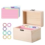 BTSKY Wooden Index Card Holder - 3X5 Inch Notecard Box Recipe Organizer with 150 Cards & 8 Buckle Rings, Wood Index Card Case for Office Desk Recipe Notecard Storage Box, Photo Holder Organizer, Wood