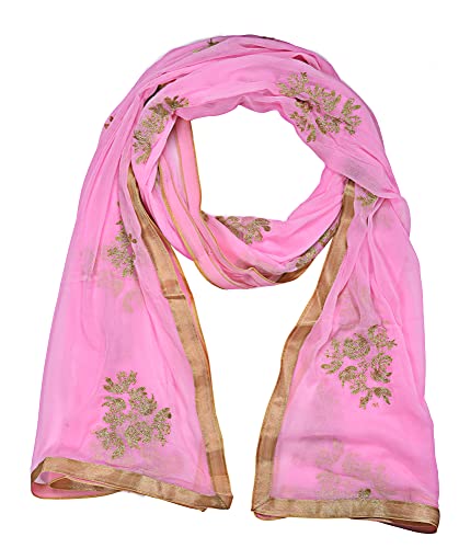 Image of Youthquake Golden Embroidered Work Chiffon Dupatta For Womens & Girls With 4 Side Gold Lace