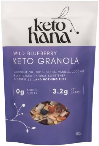 Keto Hana Wild Blueberry Keto Granola Keto Diet Vegan Grain Free Dairy Free Plant Based No Refined Sugars Gluten Free 3.2g Net Carbs Breakfast Cereal - 300gr/0.6lbs